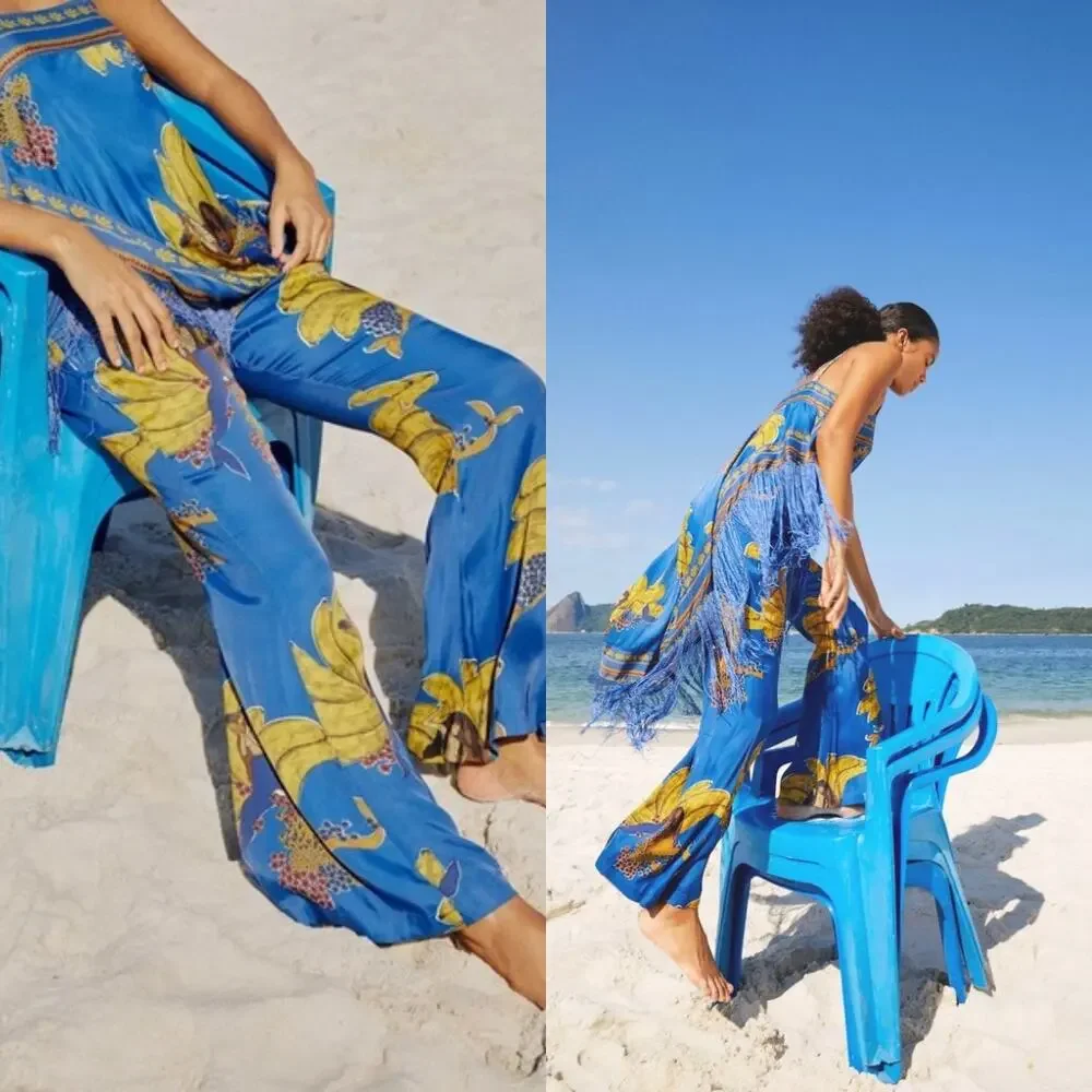 Farm Rio Blue Mermaid Bananas Scarf Tunic Pants Set M Top L Pants